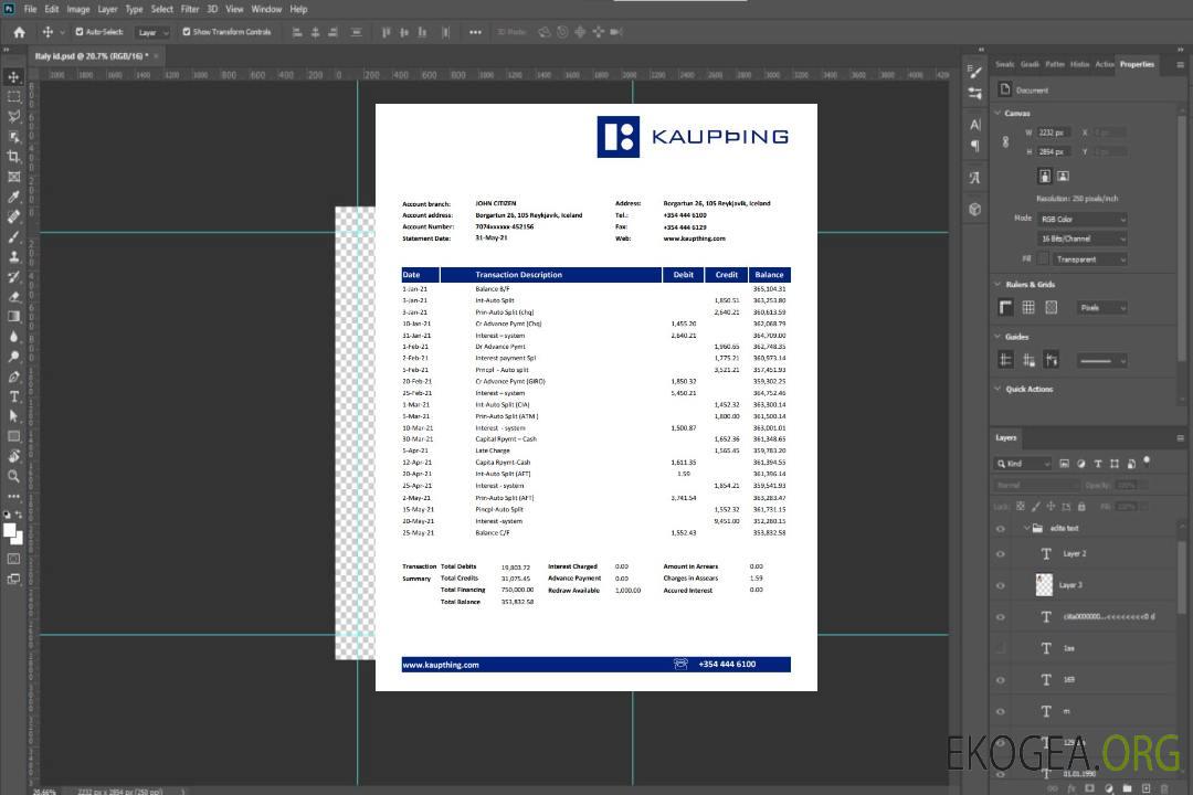 Relevé de la banque Islande Kaupthing, modèle facile à remplir au format Excel et PDF template